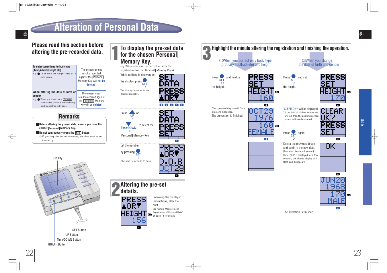 Alteration of personal data, Personal, Altering the pre-set details | Remarks | Tanita BF-562 User Manual | Page 12 / 14