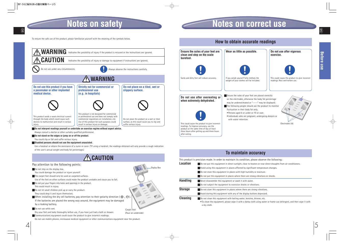 Caution, Warning, Warning caution | How to obtain accurate readings | Tanita BF-562 User Manual | Page 2 / 14