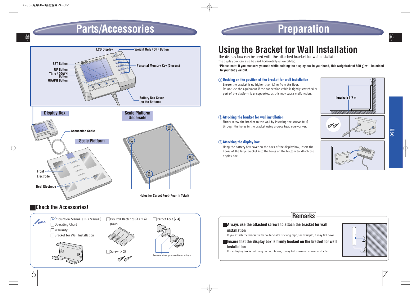 Preparation, Parts/accessories, Using the bracket for wall installation | Remarks | Tanita BF-562 User Manual | Page 3 / 14