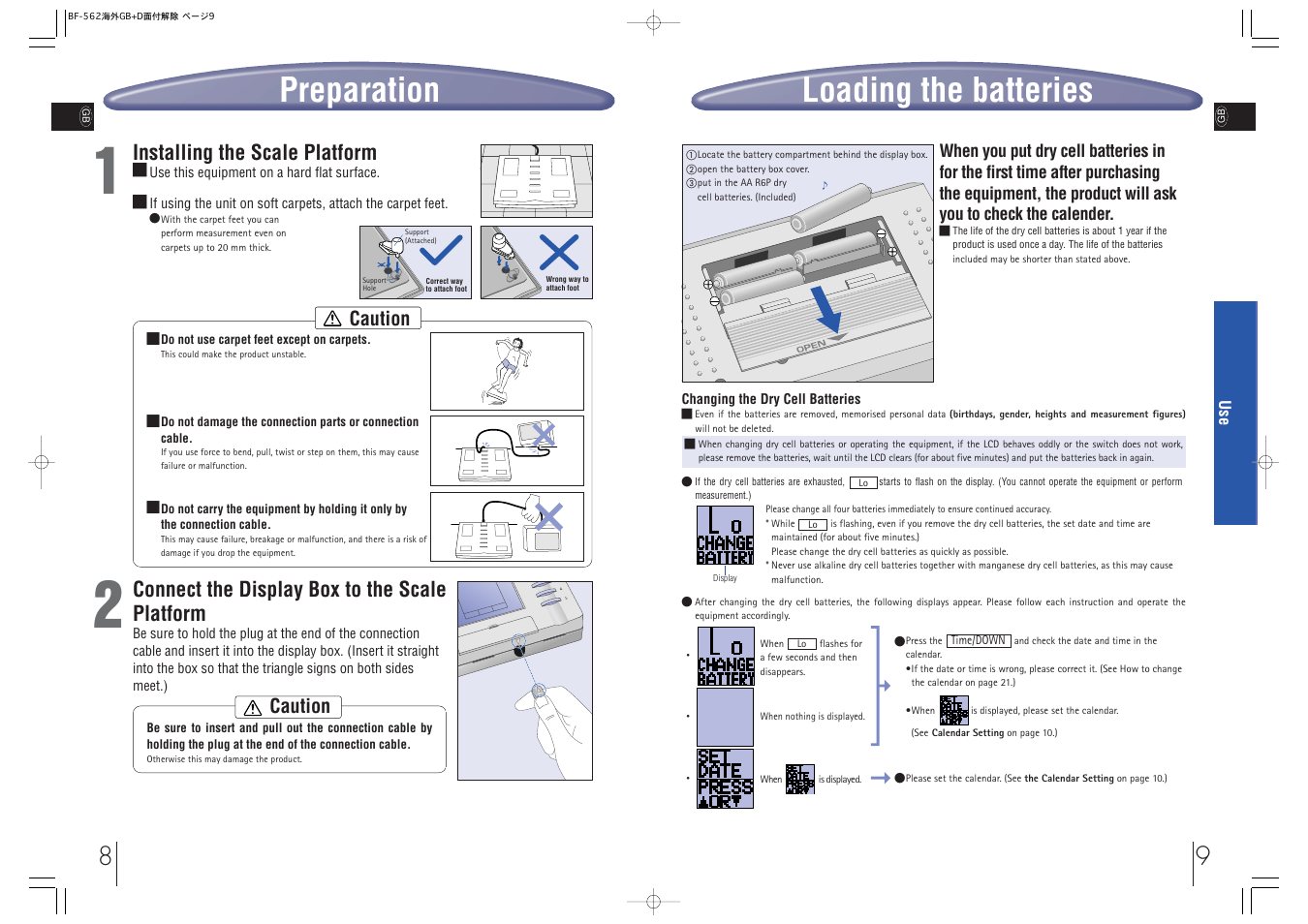 Loading the batteries, Preparation, Connect the display box to the scale platform | Installing the scale platform, Caution | Tanita BF-562 User Manual | Page 4 / 14