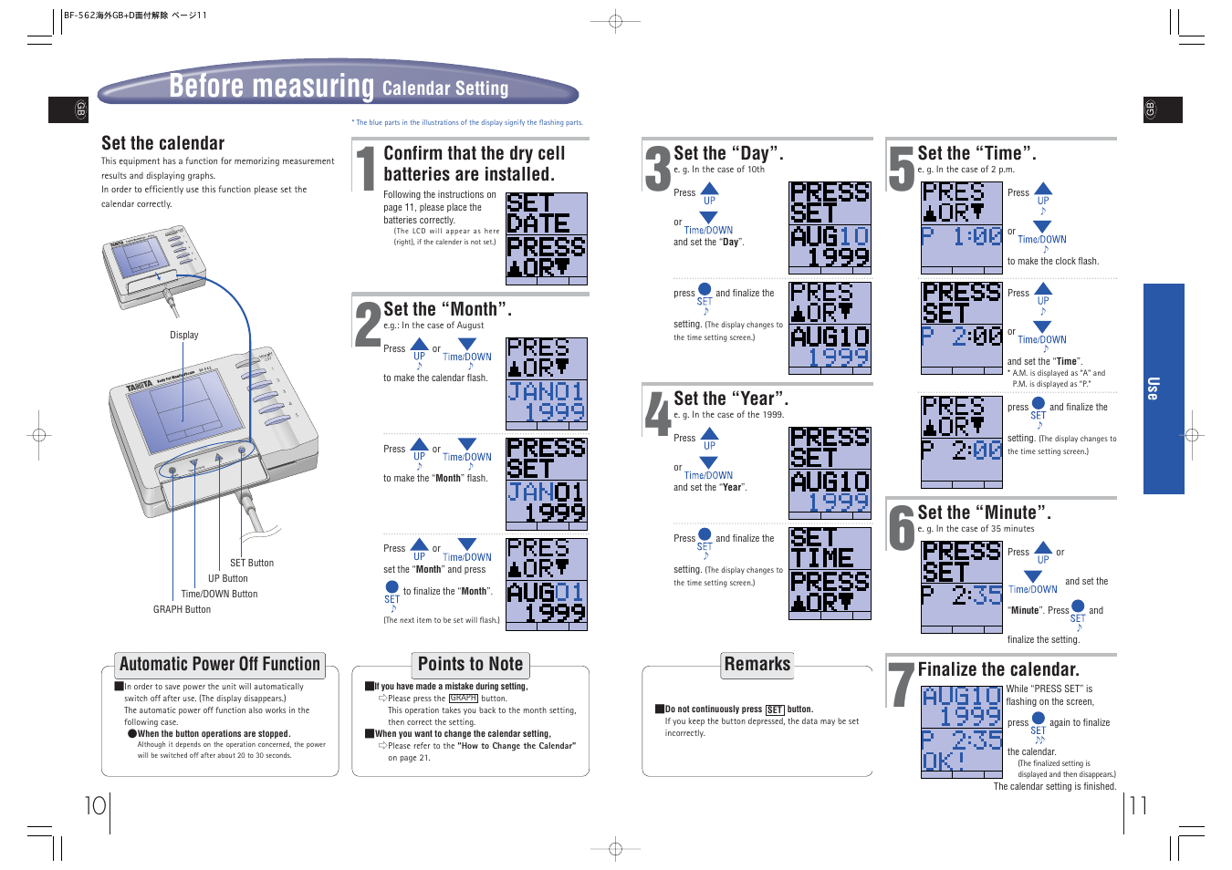 Before measuring, Remarks, Set the “day | Set the “year, Set the “time, Set the “minute, Finalize the calendar, Set the calendar, Set the “month, Confirm that the dry cell batteries are installed | Tanita BF-562 User Manual | Page 5 / 14