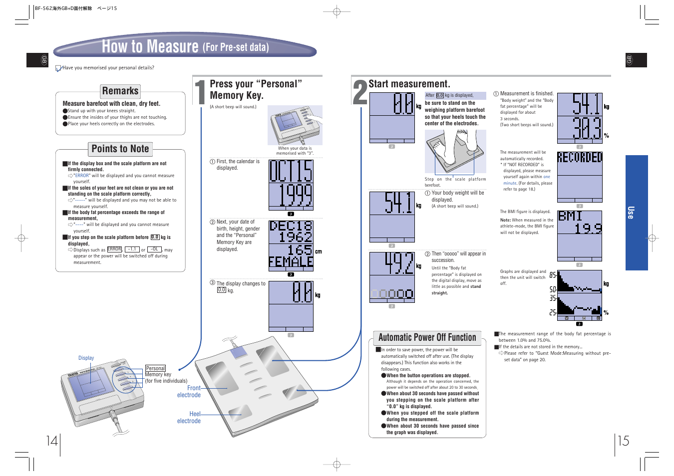 How to measure, For pre-set data), Start measurement | Automatic power off function, Remarks | Tanita BF-562 User Manual | Page 7 / 14