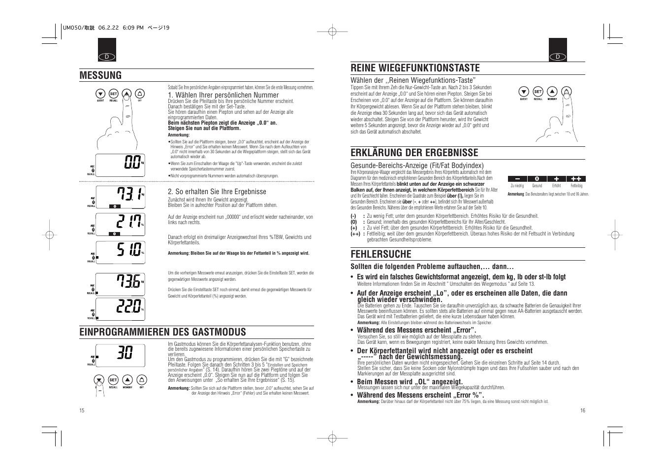Fehlersuche, Messung einprogrammieren des gastmodus, Reine wiegefunktionstaste | Erklärung der ergebnisse | Tanita UM-050 User Manual | Page 10 / 26
