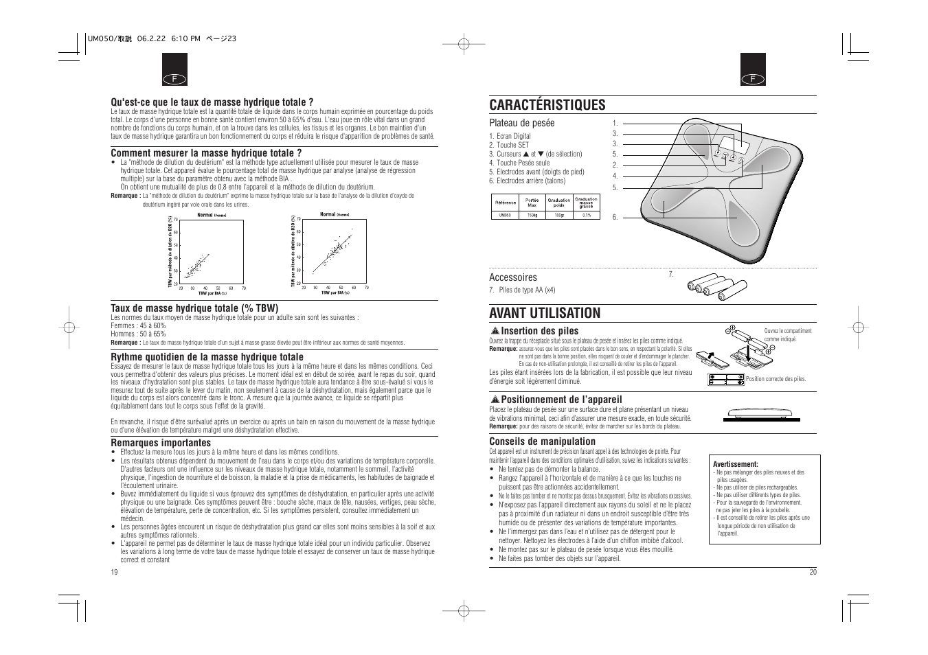 Caractéristiques avant utilisation | Tanita UM-050 User Manual | Page 12 / 26