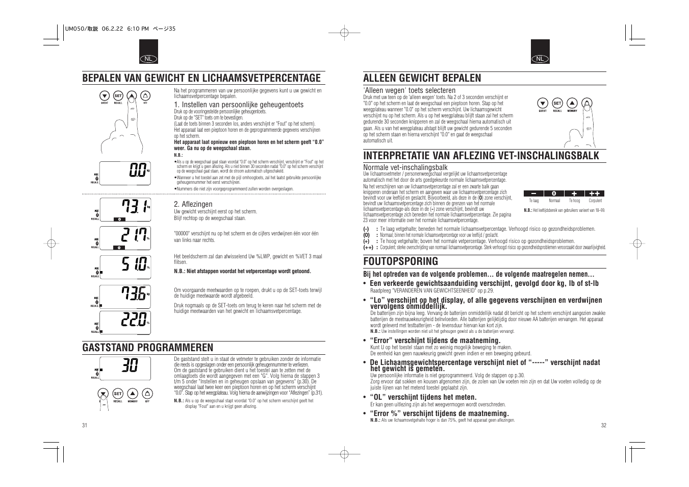 Foutopsporing, Interpretatie van aflezing vet-inschalingsbalk, Alleen gewicht bepalen | Tanita UM-050 User Manual | Page 18 / 26
