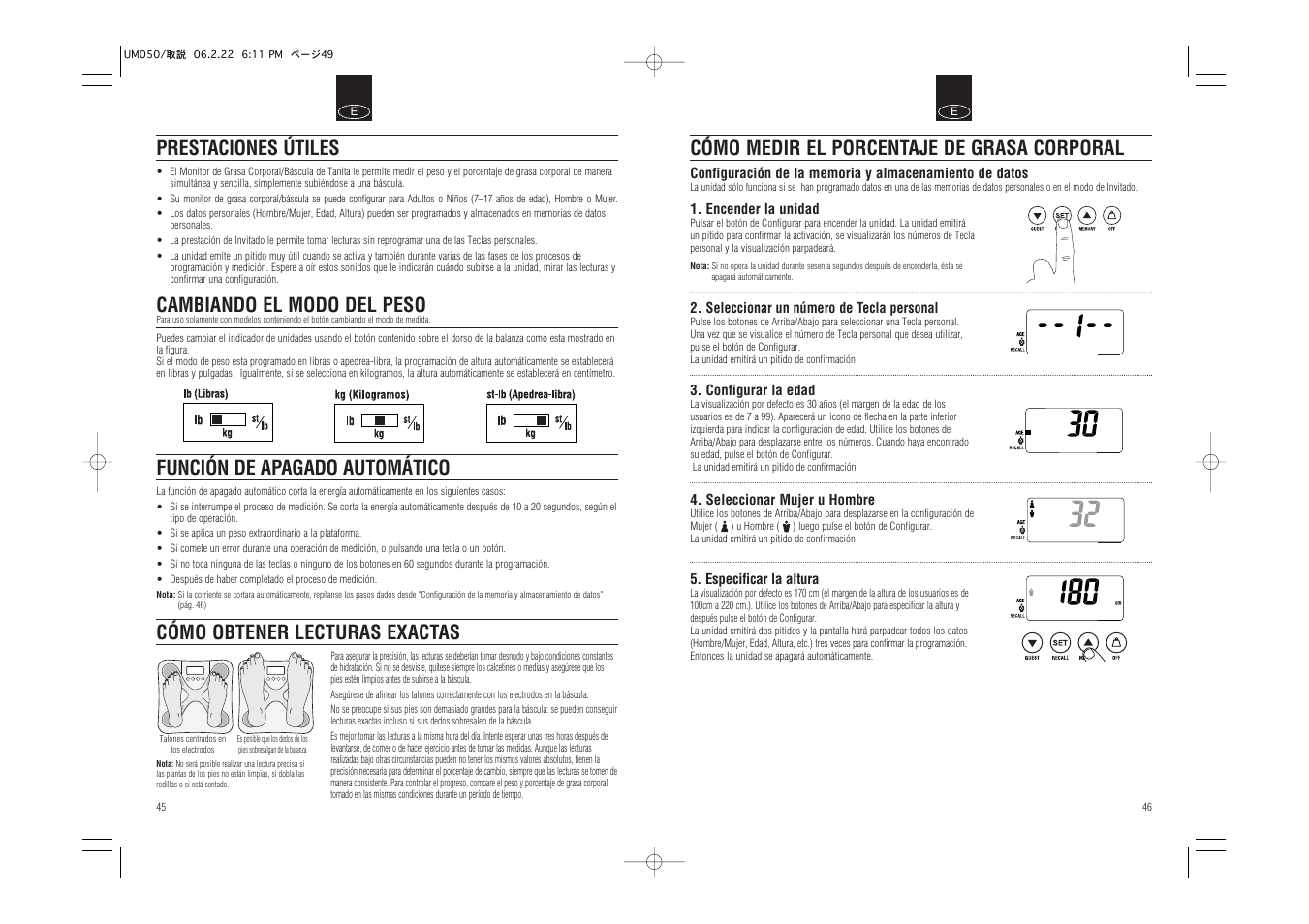 Prestaciones útiles función de apagado automático, Cambiando el modo del peso | Tanita UM-050 User Manual | Page 25 / 26