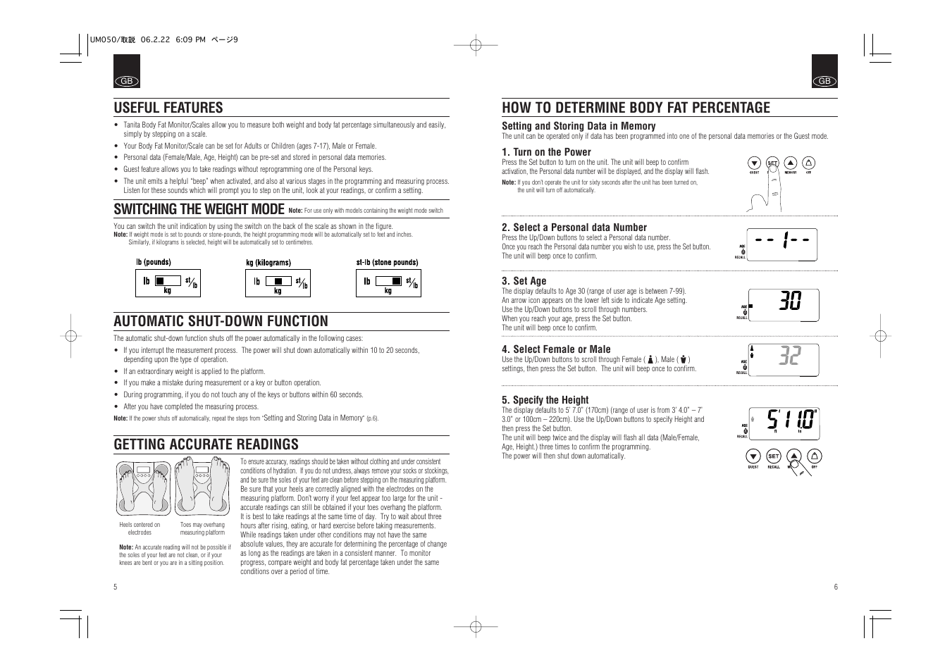 Useful features switching the weight mode, Automatic shut-down function | Tanita UM-050 User Manual | Page 5 / 26