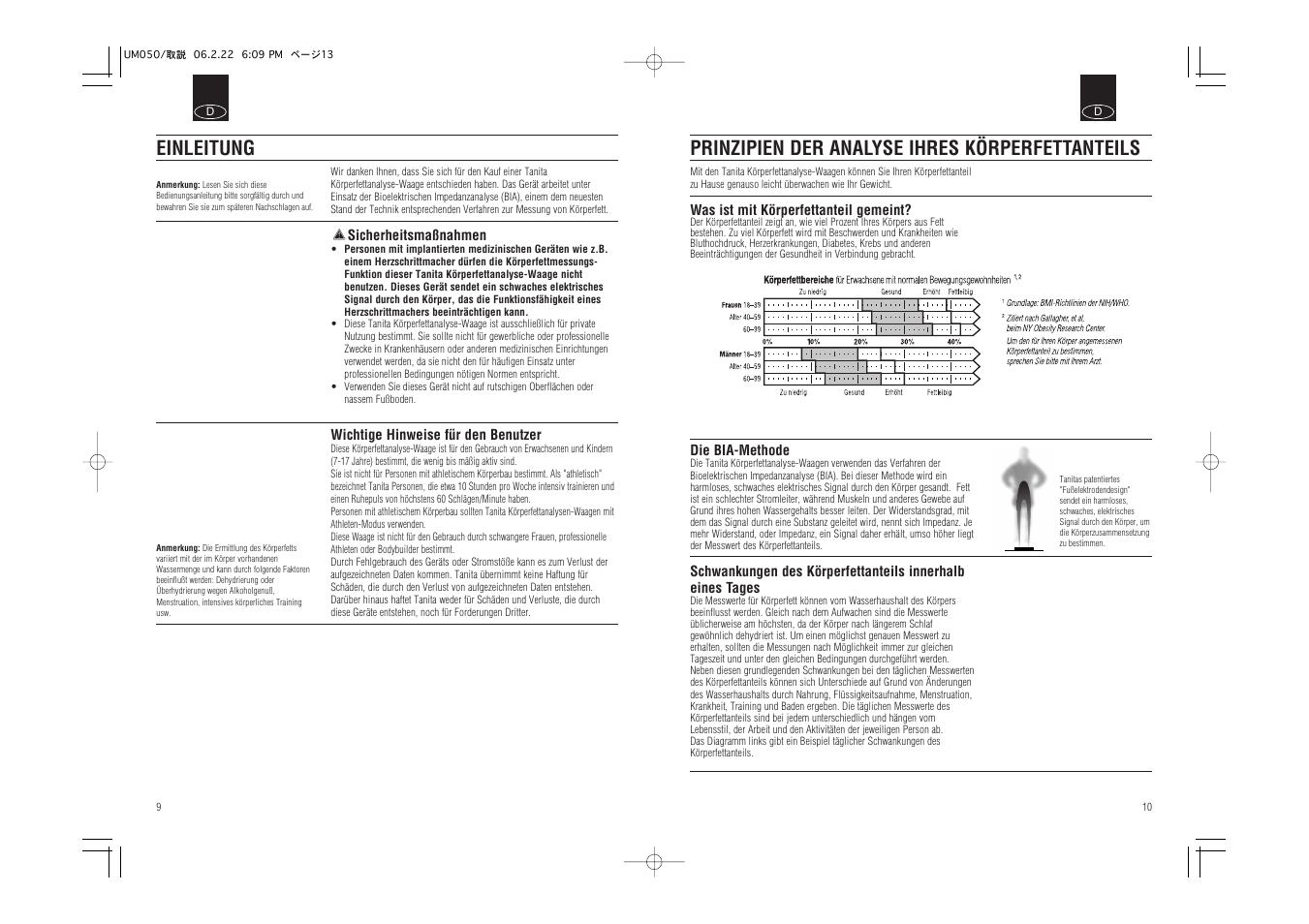 Prinzipien der analyse ihres körperfettanteils, Einleitung | Tanita UM-050 User Manual | Page 7 / 26