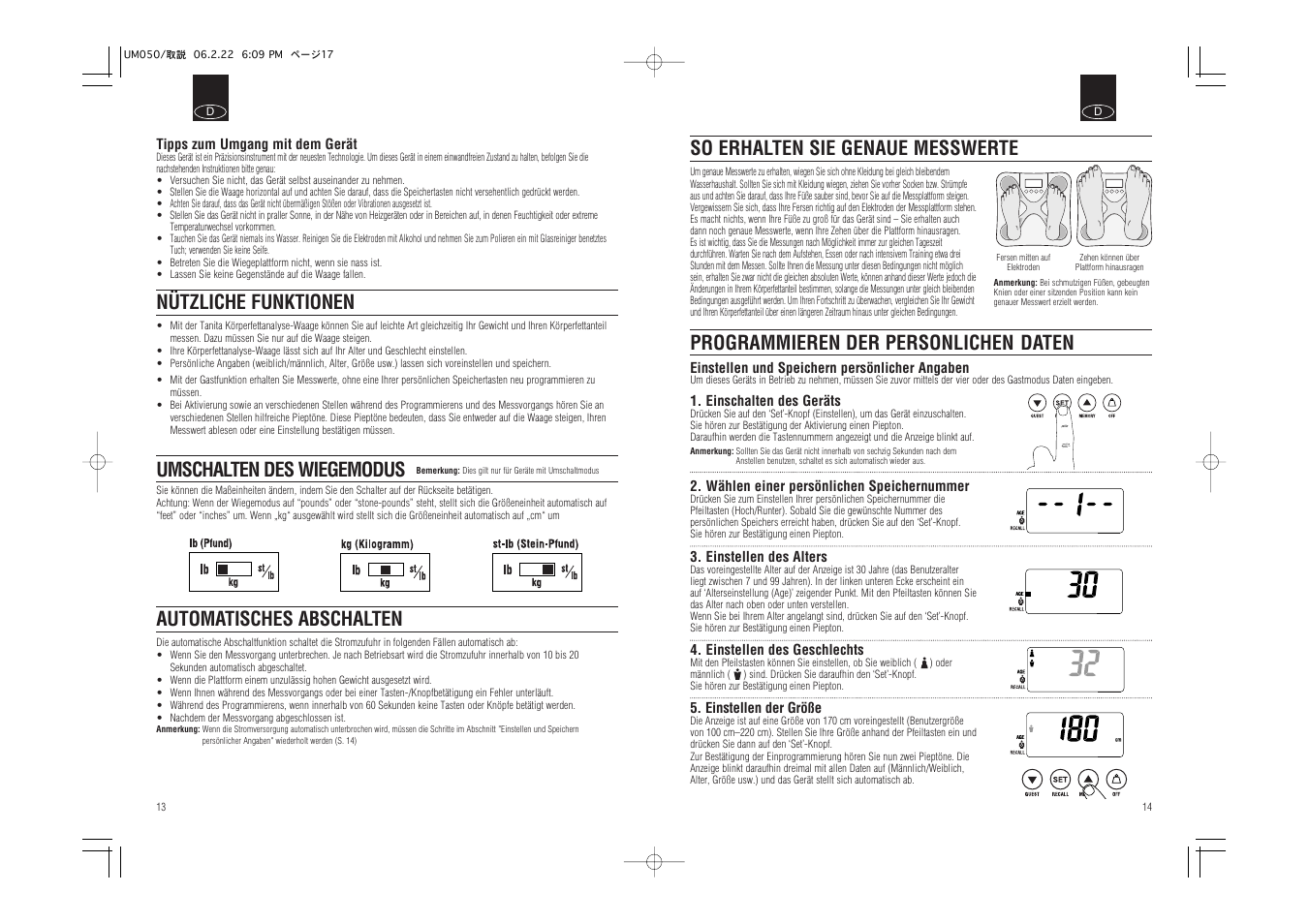 Programmieren der personlichen daten, Nützliche funktionen automatisches abschalten, So erhalten sie genaue messwerte | Umschalten des wiegemodus | Tanita UM-050 User Manual | Page 9 / 26