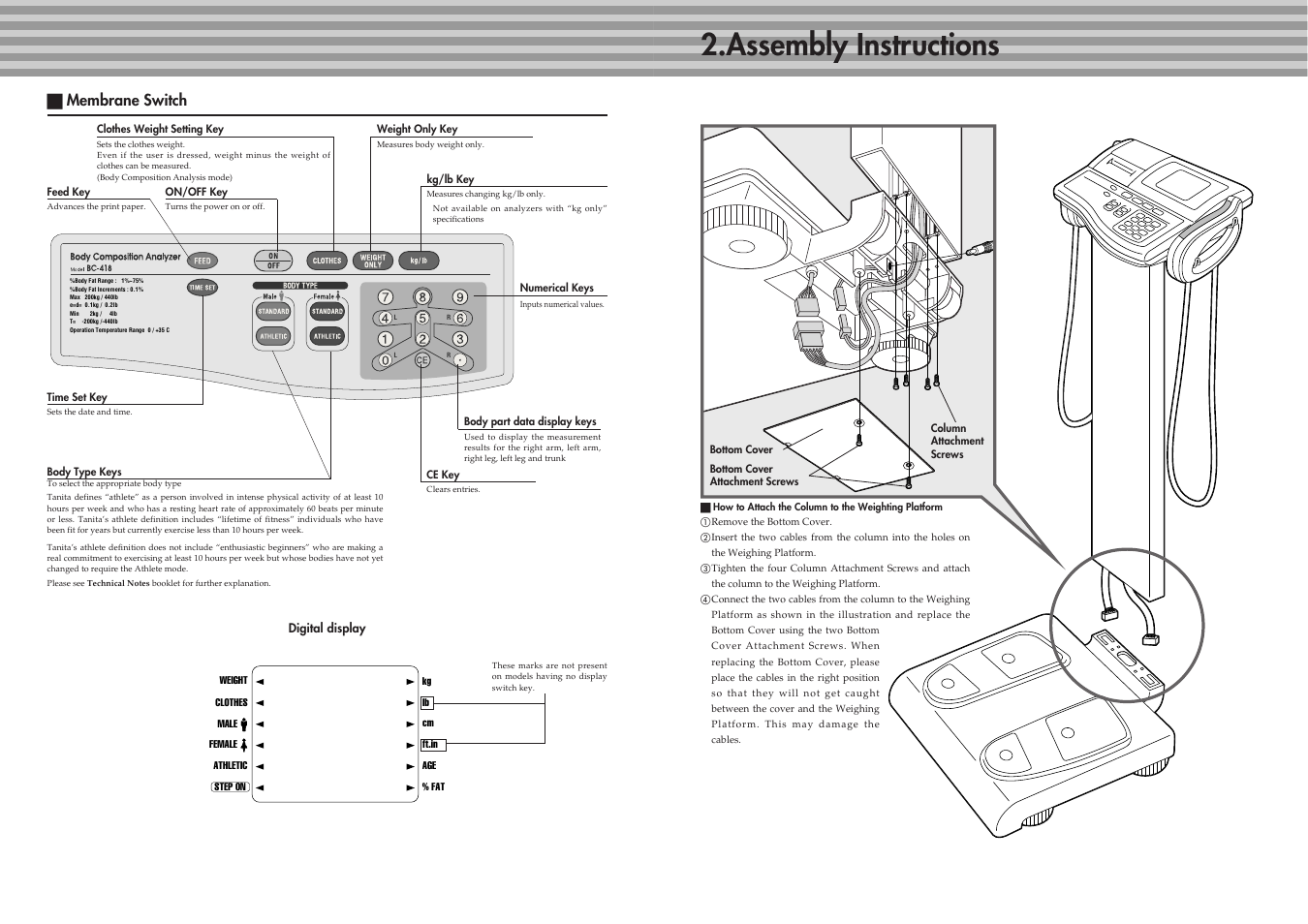 Assembly instructions, A membrane switch | Tanita BC-41 User Manual | Page 5 / 23