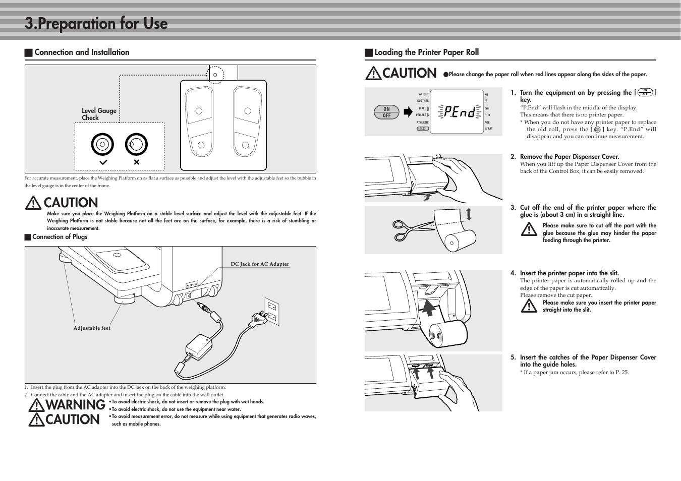 Preparation for use, Caution, Warning | Tanita BC-41 User Manual | Page 6 / 23