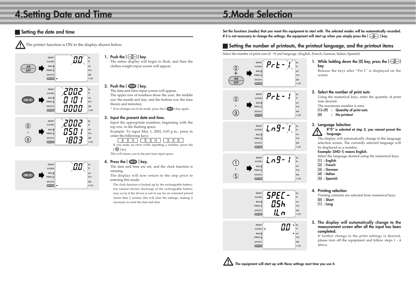 Setting date and time, Mode selection, A setting the date and time | Push the [ ] key, Input the present date and time, Press the [ ] key, While holding down the [0] key, press the [ ] key, Select the number of print outs, Language selection, Printing selection | Tanita BC-41 User Manual | Page 7 / 23