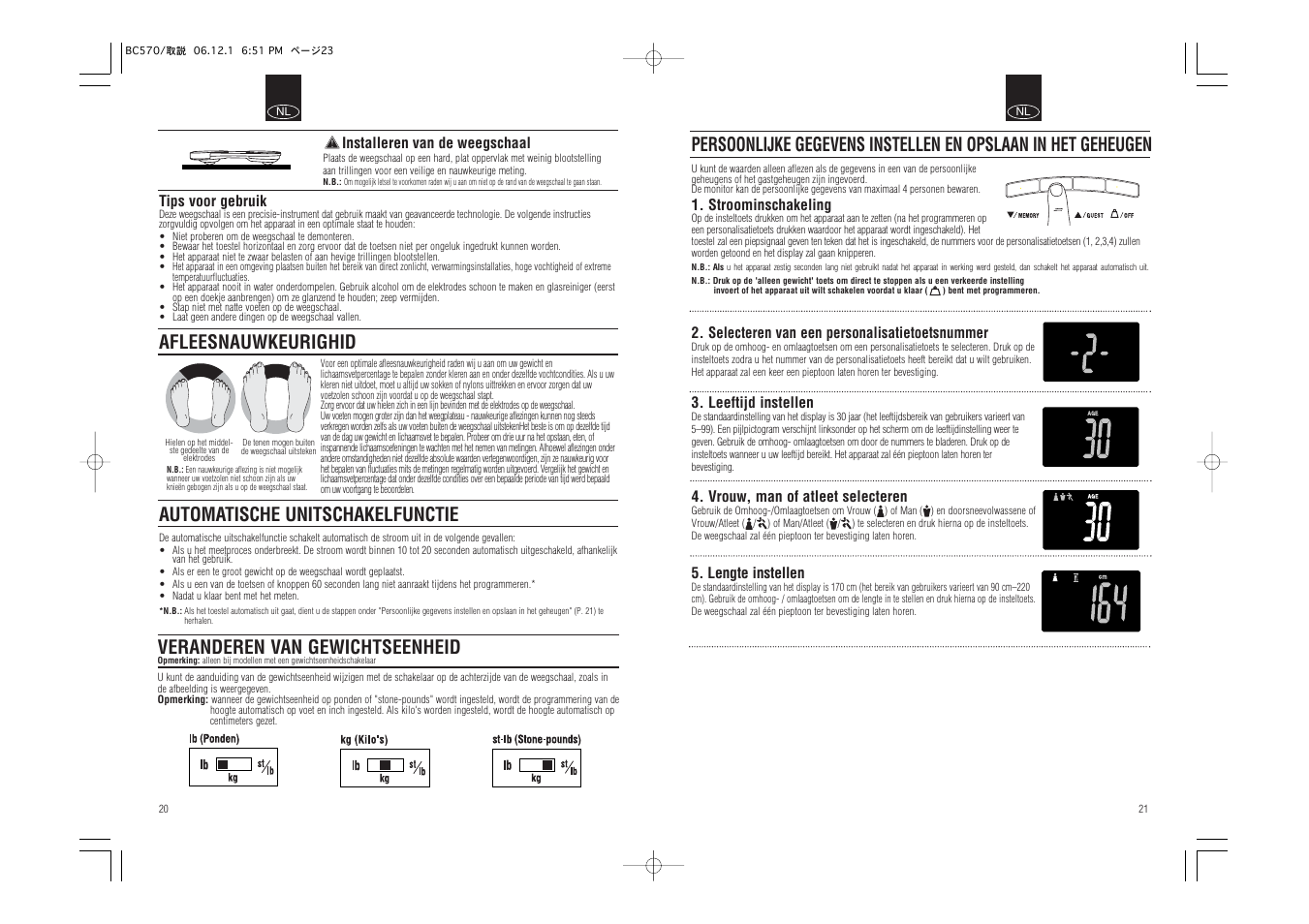 Afleesnauwkeurighid, Automatische unitschakelfunctie, Veranderen van gewichtseenheid | Tanita Body Composition Monitor BC-570 User Manual | Page 12 / 24