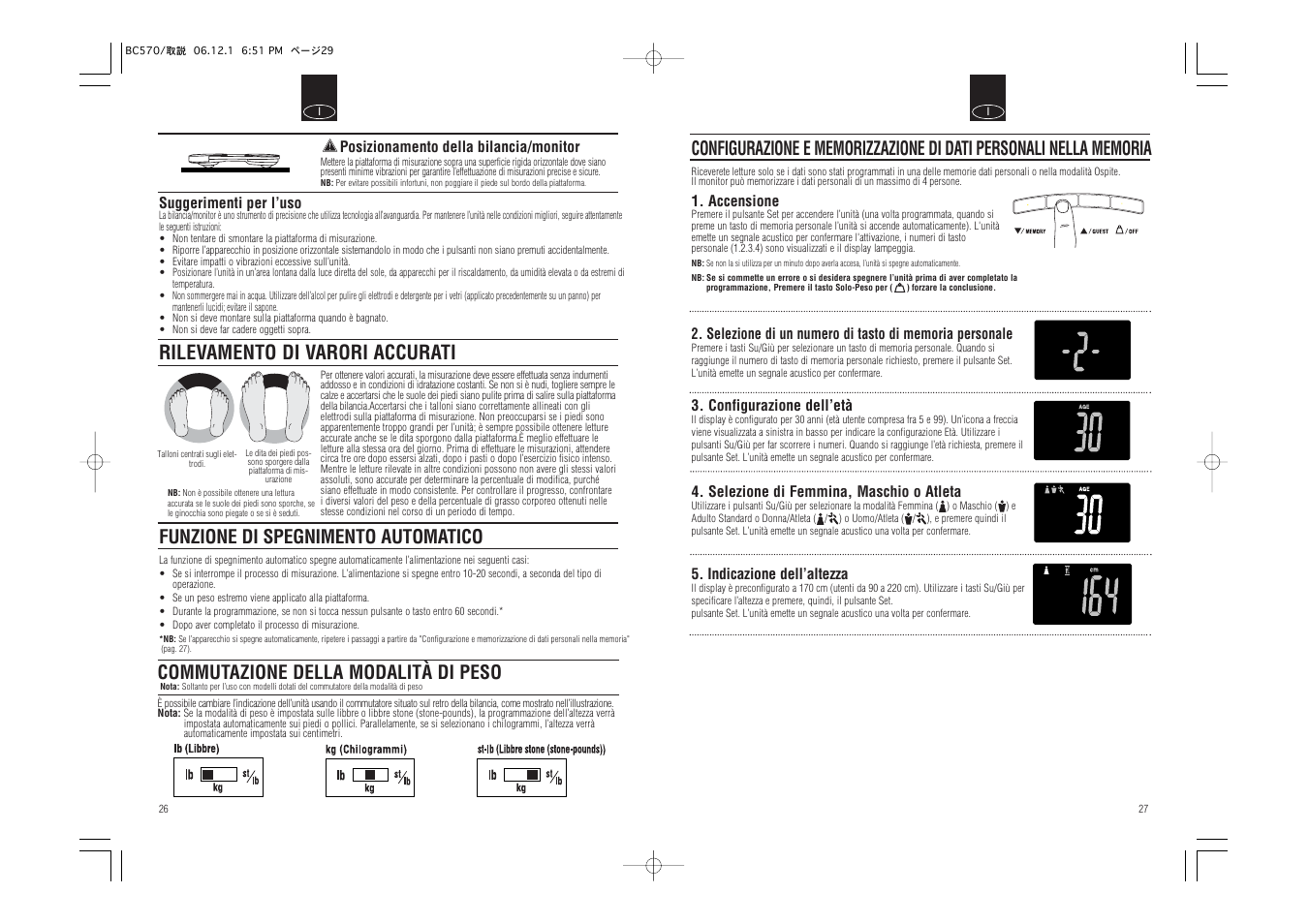 Rilevamento di varori accurati, Funzione di spegnimento automatico, Commutazione della modalità di peso | Tanita Body Composition Monitor BC-570 User Manual | Page 15 / 24
