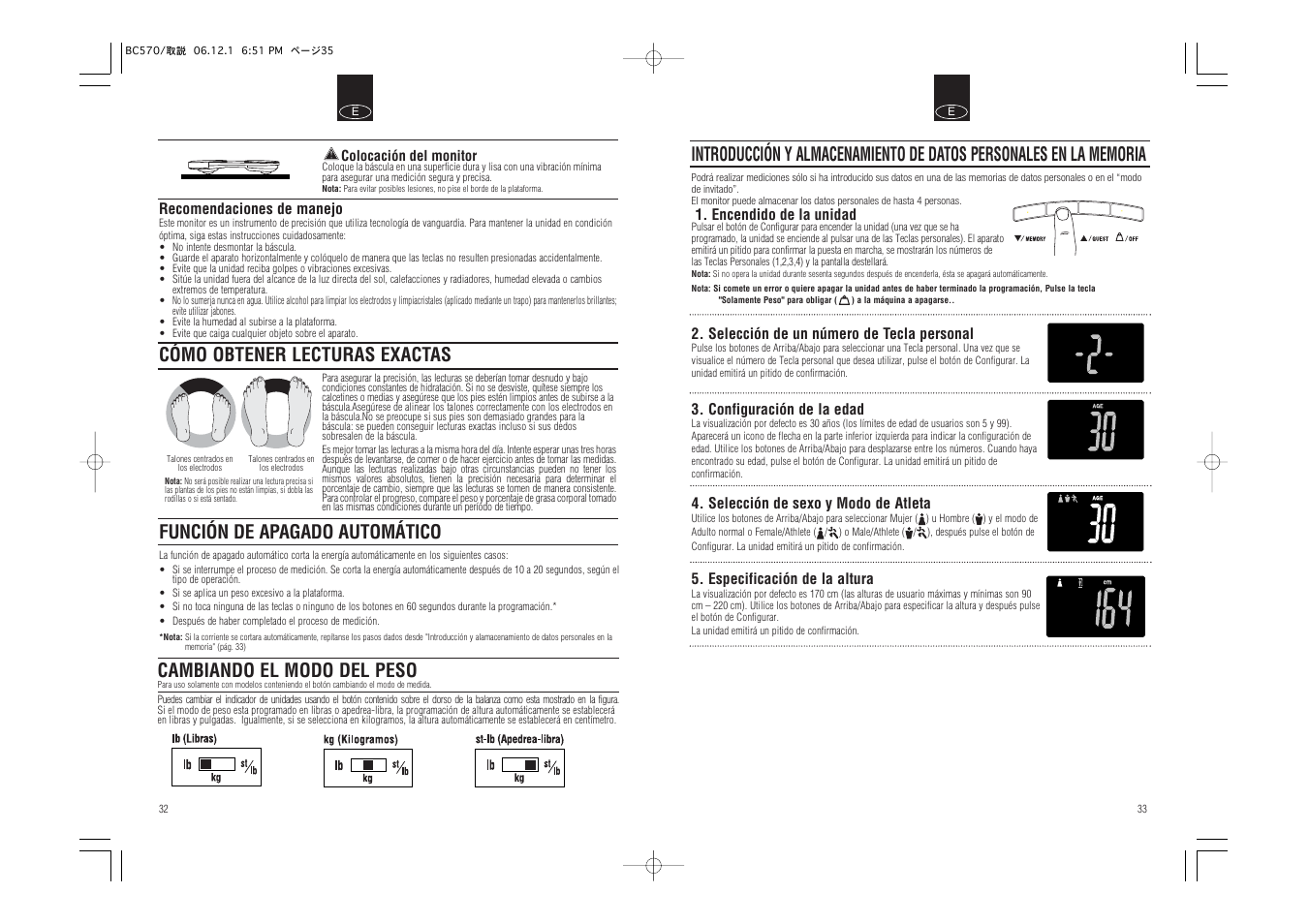 Cómo obtener lecturas exactas, Función de apagado automático, Cambiando el modo del peso | Tanita Body Composition Monitor BC-570 User Manual | Page 18 / 24