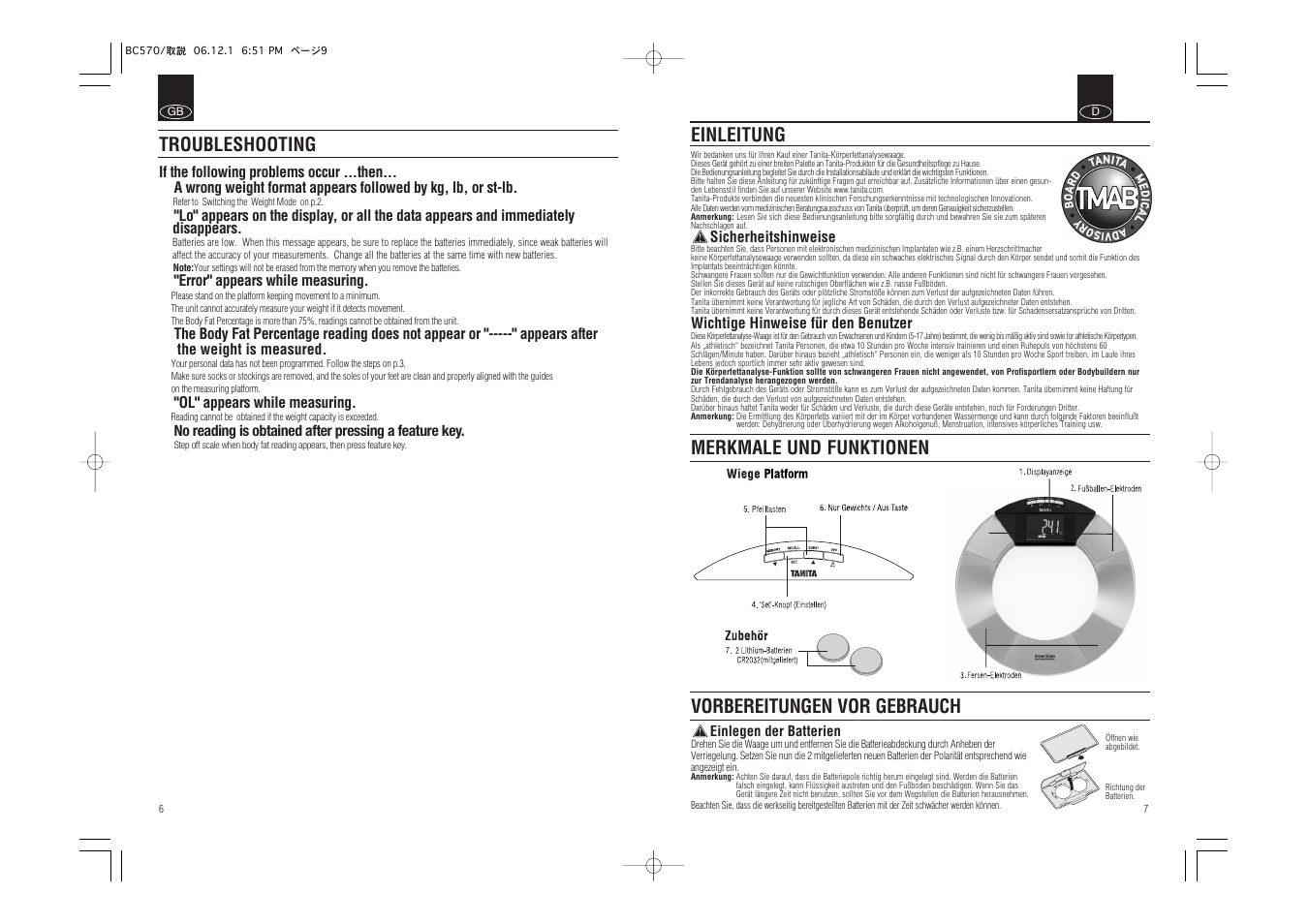 Einleitung, Troubleshooting | Tanita Body Composition Monitor BC-570 User Manual | Page 5 / 24
