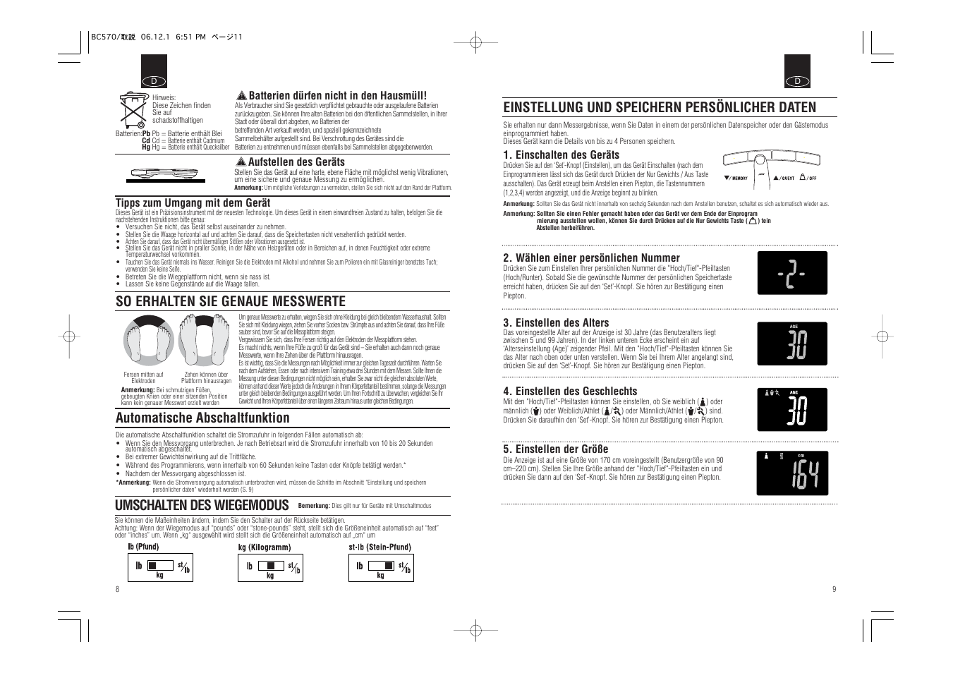 Einstellung und speichern persönlicher daten, So erhalten sie genaue messwerte, Automatische abschaltfunktion | Umschalten des wiegemodus | Tanita Body Composition Monitor BC-570 User Manual | Page 6 / 24