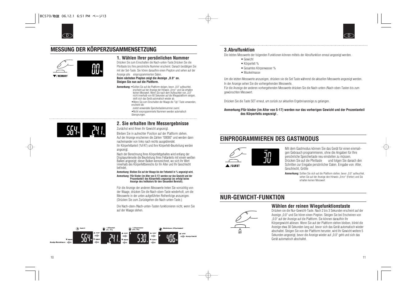 Messung der körperzusammensetzung, Einprogrammieren des gastmodus, Nur-gewicht-funktion | Tanita Body Composition Monitor BC-570 User Manual | Page 7 / 24