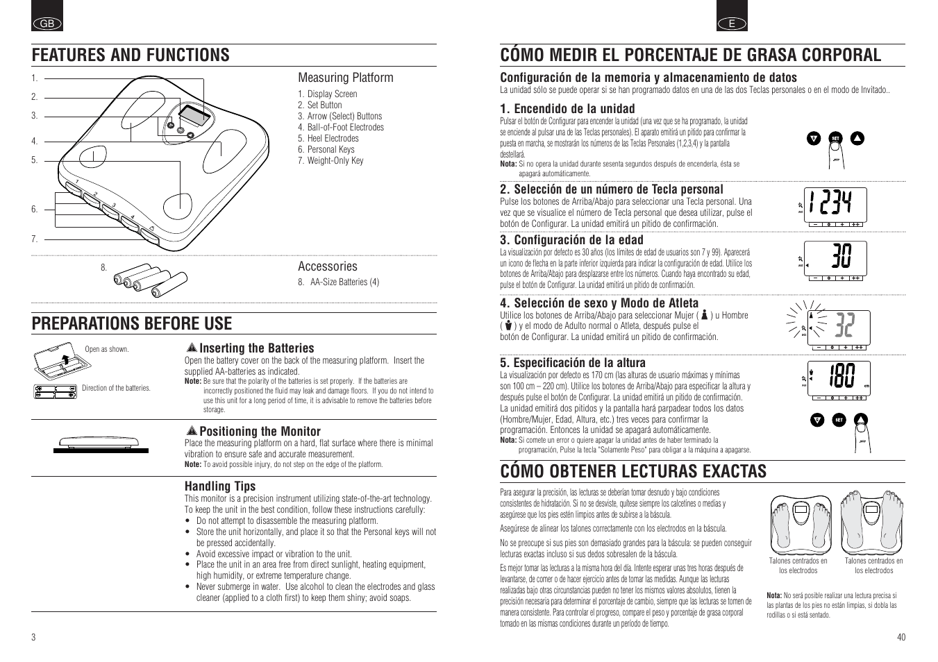 Features and functions preparations before use | Tanita BF-662 User Manual | Page 5 / 10