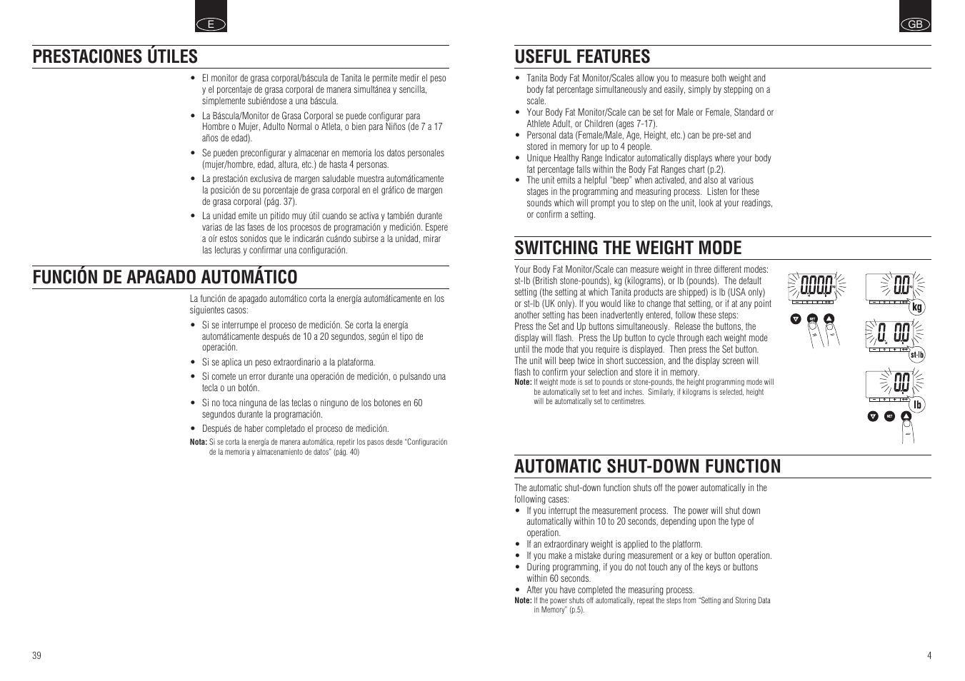 Prestaciones útiles función de apagado automático | Tanita BF-662 User Manual | Page 6 / 10