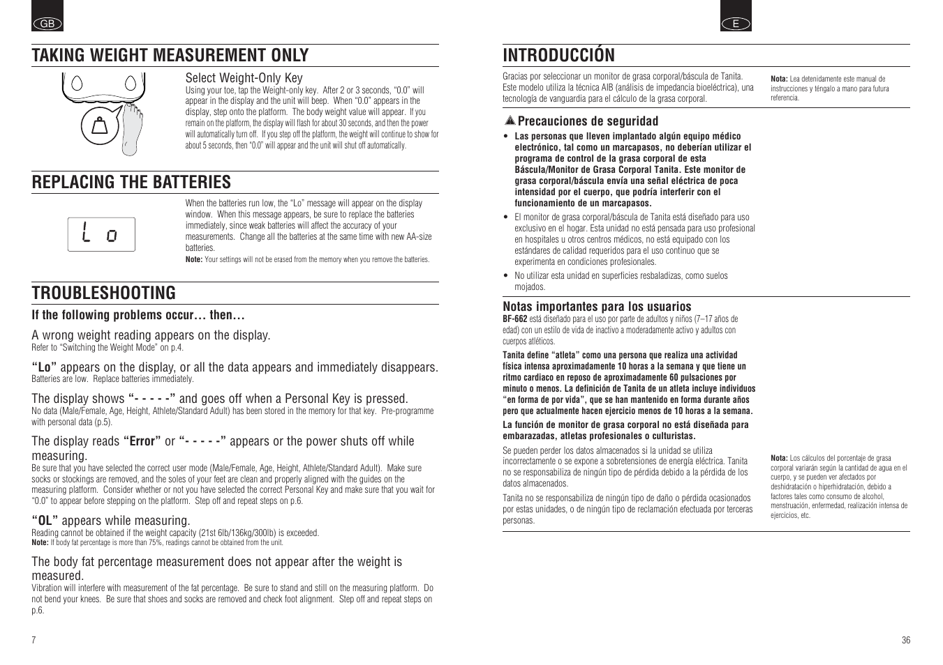 Introducción | Tanita BF-662 User Manual | Page 9 / 10