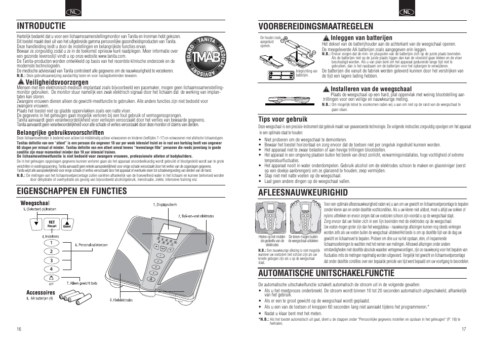 Afleesnauwkeurighid, Automatische unitschakelfunctie, Introductie eigenschappen en functies | Voorbereidingsmaatregelen | Tanita BC-554 User Manual | Page 10 / 19