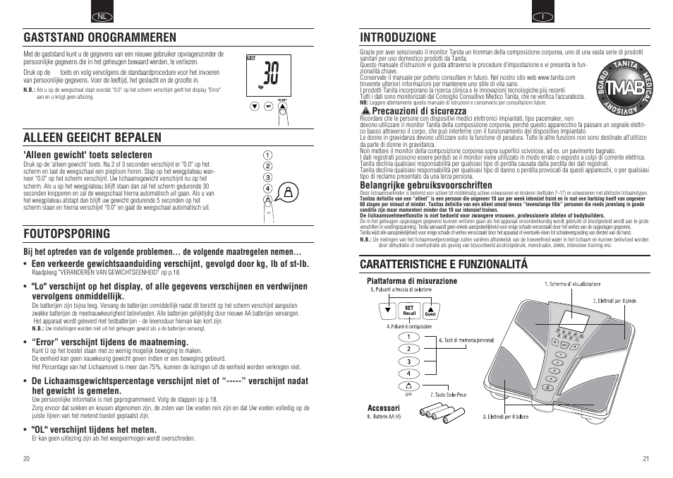 Introduzione, Caratteristiche e funzionalitá, Gaststand orogrammeren alleen geeicht bepalen | Foutopsporing | Tanita BC-554 User Manual | Page 12 / 19