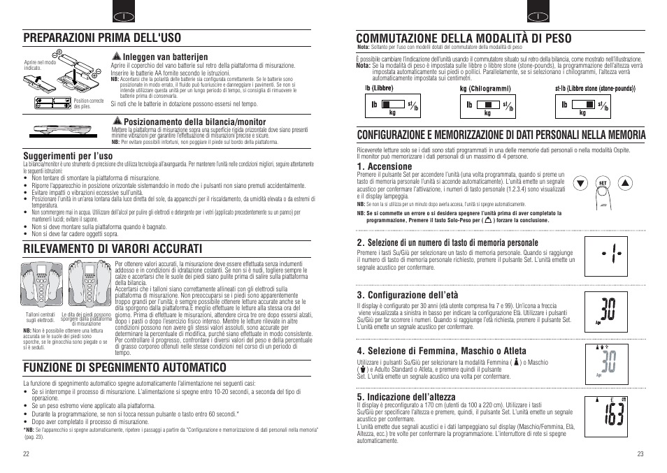 Rilevamento di varori accurati, Funzione di spegnimento automatico, Preparazioni prima dell'uso | Commutazione della modalità di peso | Tanita BC-554 User Manual | Page 13 / 19