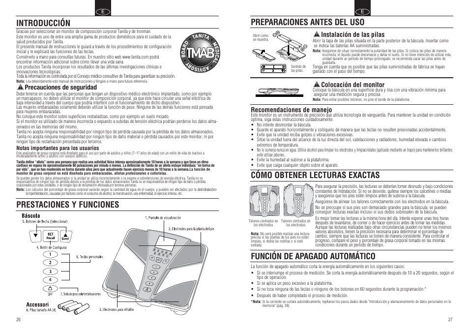 Cómo obtener lecturas exactas, Función de apagado automático, Introducción | Tanita BC-554 User Manual | Page 15 / 19