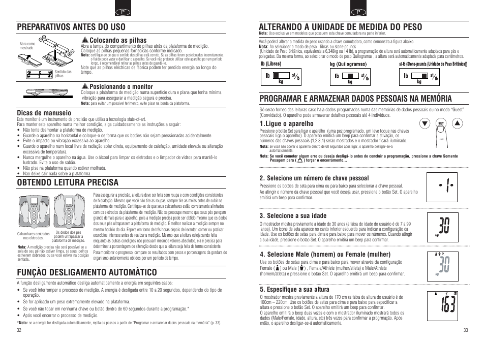 Programar e armazenar dados pessoais na memória, Obtendo leitura precisa, Funçào desligamento automàtico | Preparativos antes do uso, Alterando a unidade de medida do peso | Tanita BC-554 User Manual | Page 18 / 19