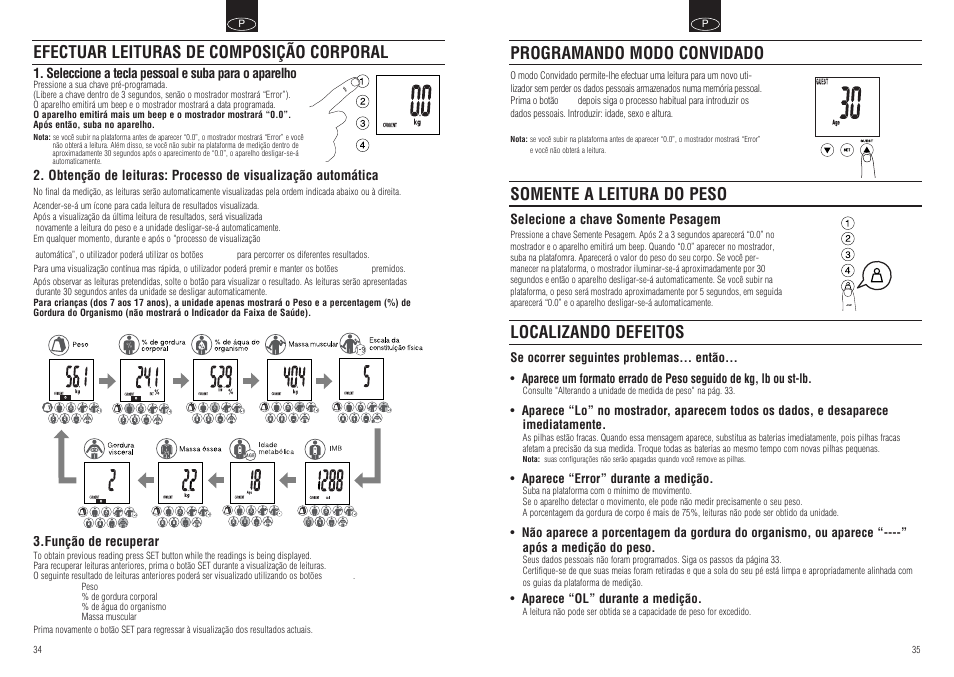 Localizando defeitos, Efectuar leituras de composição corporal | Tanita BC-554 User Manual | Page 19 / 19