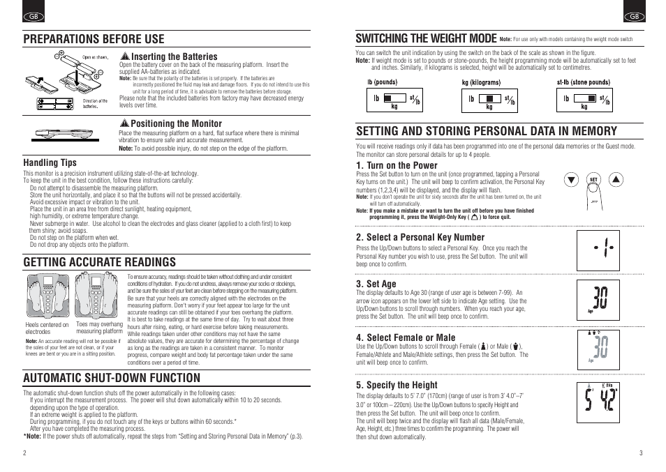 Getting accurate readings, Automatic shut-down function, Preparations before use | Switching the weight mode | Tanita BC-554 User Manual | Page 3 / 19