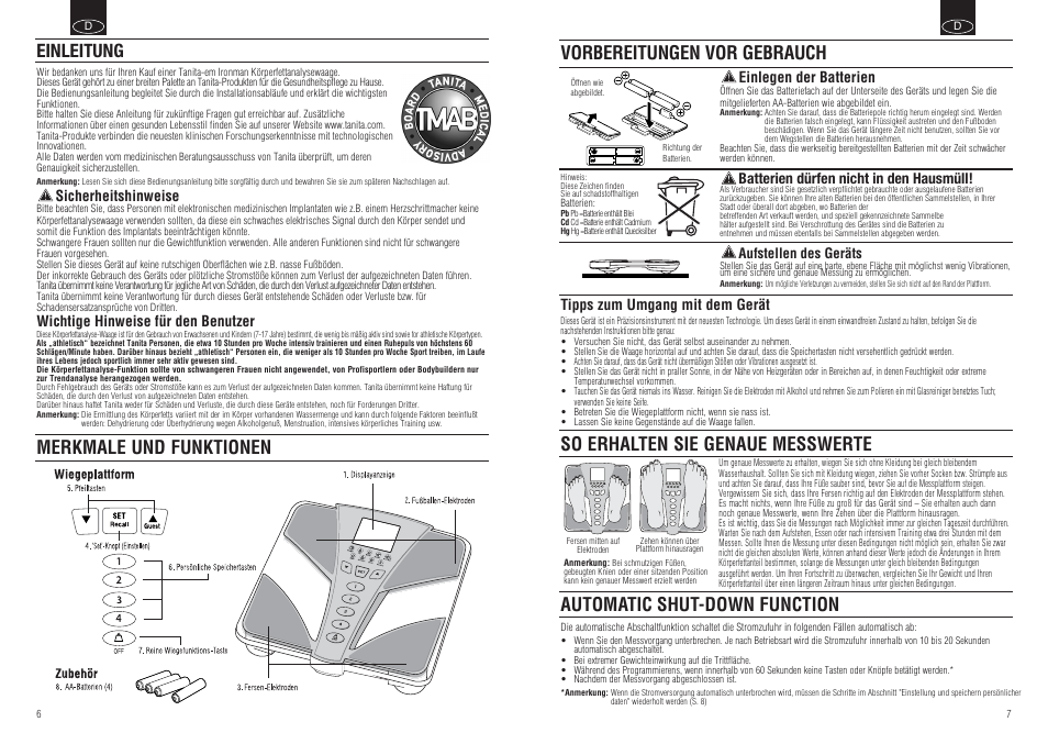 Vorbereitungen vor gebrauch, So erhalten sie genaue messwerte, Automatic shut-down function | Einleitung merkmale und funktionen | Tanita BC-554 User Manual | Page 5 / 19