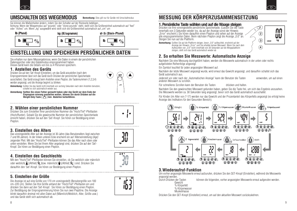 Messung der körperzusammensetzung, Einstellung und speichern persönlicher daten, Umschalten des wiegemodus | Tanita BC-554 User Manual | Page 6 / 19