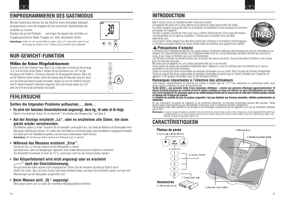 Introduction, Caractéristiquesn, Fehlersuche | Tanita BC-554 User Manual | Page 7 / 19