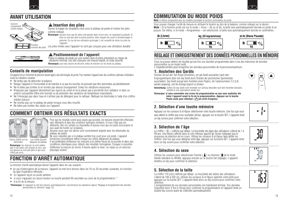 Comment obtenir des résultats exacts, Fonction d’arrêt automatique, Avant utilisation | Commutation du mode poids | Tanita BC-554 User Manual | Page 8 / 19