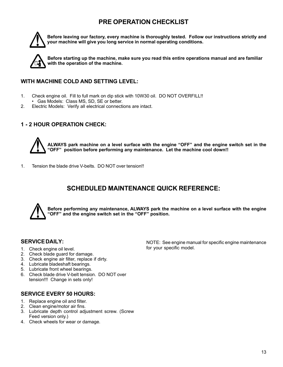 Pre operation checklist, Scheduled maintenance quick reference | Target MC18 Concrete Saw MC1809H User Manual | Page 13 / 40