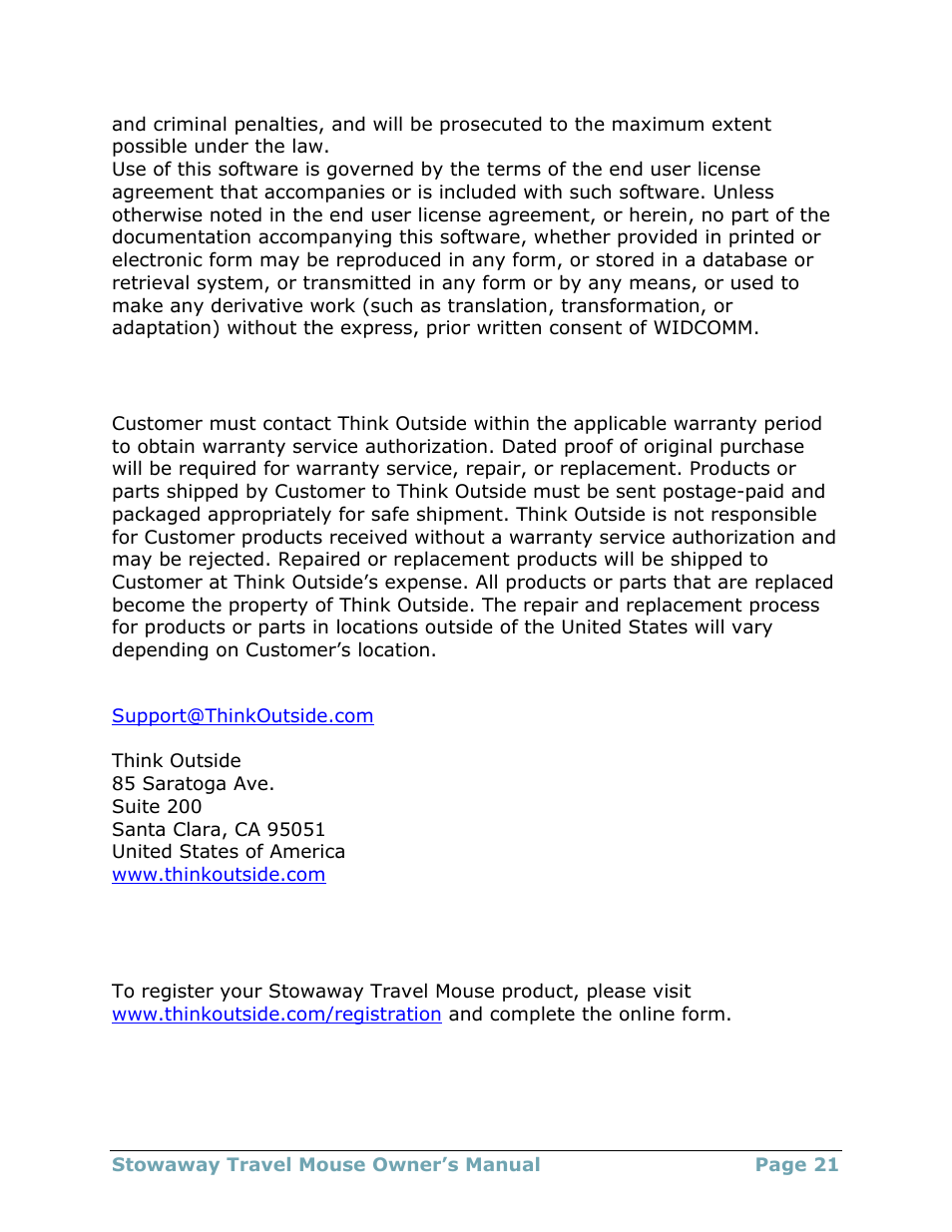 Obtaining warranty service, Registering your product | Think Outside 4.2T User Manual | Page 21 / 29