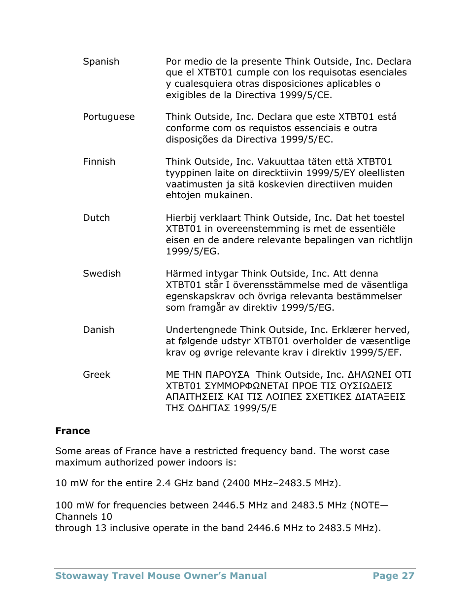 France | Think Outside 4.2T User Manual | Page 27 / 29