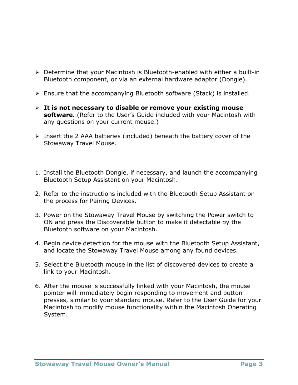 Installing the mouse with macintosh os x, Before you begin, Creating a paired connection with your macintosh | Think Outside 4.2T User Manual | Page 3 / 29