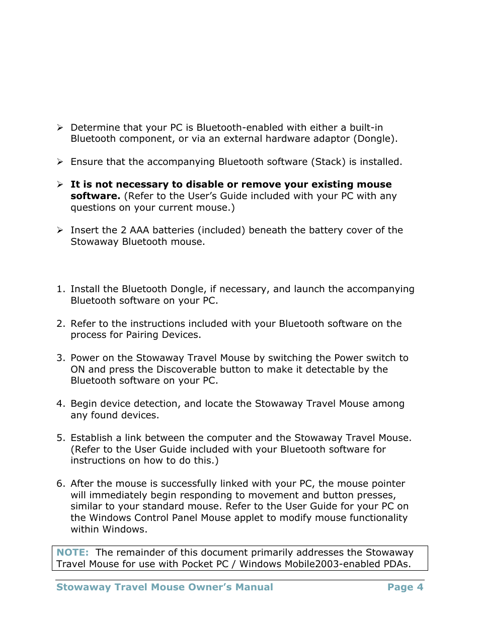 Installing the mouse for use with windows xp, Before you begin, Creating a paired connection with your pc | Think Outside 4.2T User Manual | Page 4 / 29