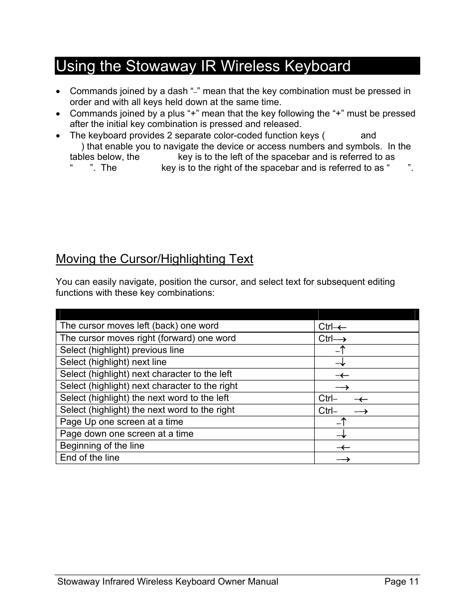 Using the stowaway ir wireless keyboard, Moving the cursor/highlighting text | Think Outside Stowaway 101797E User Manual | Page 11 / 18