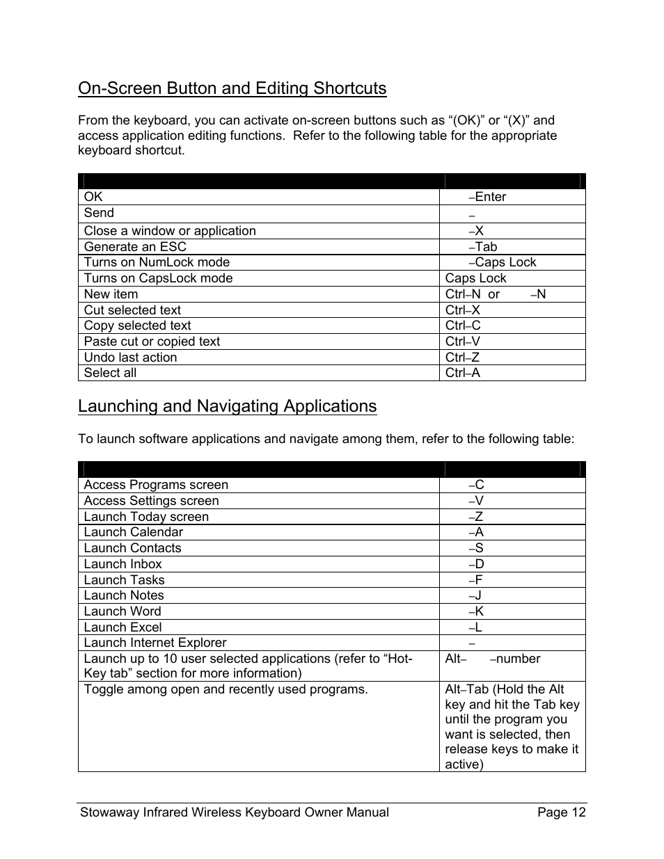 On-screen button and editing shortcuts, Launching and navigating applications | Think Outside Stowaway 101797E User Manual | Page 12 / 18