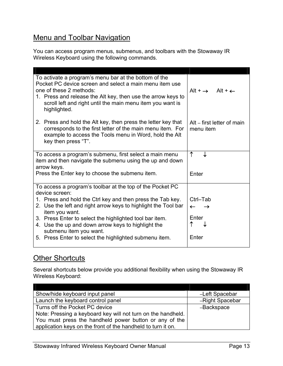Menu and toolbar navigation, Other shortcuts | Think Outside Stowaway 101797E User Manual | Page 13 / 18