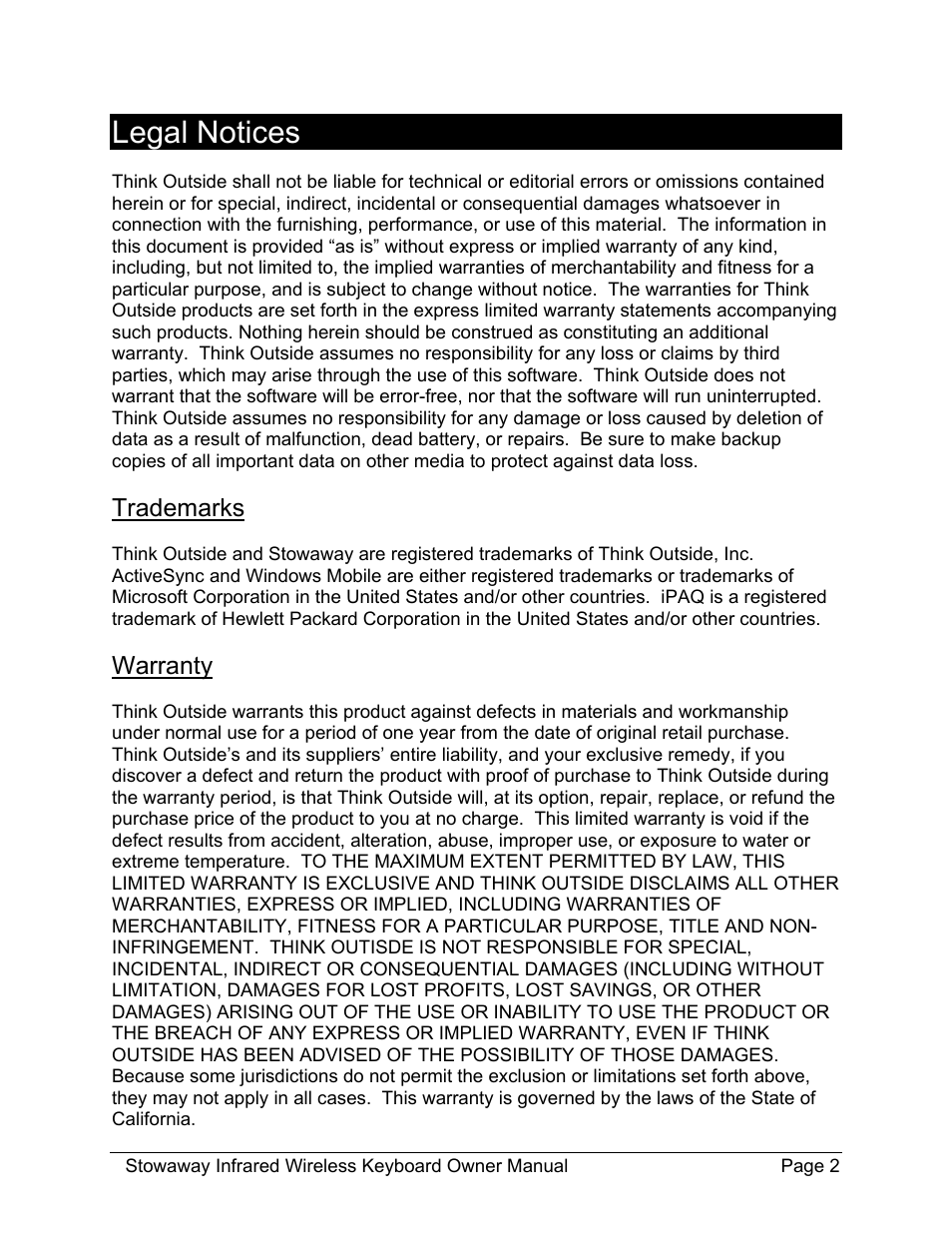 Legal notices, Trademarks, Warranty | Think Outside Stowaway 101797E User Manual | Page 2 / 18