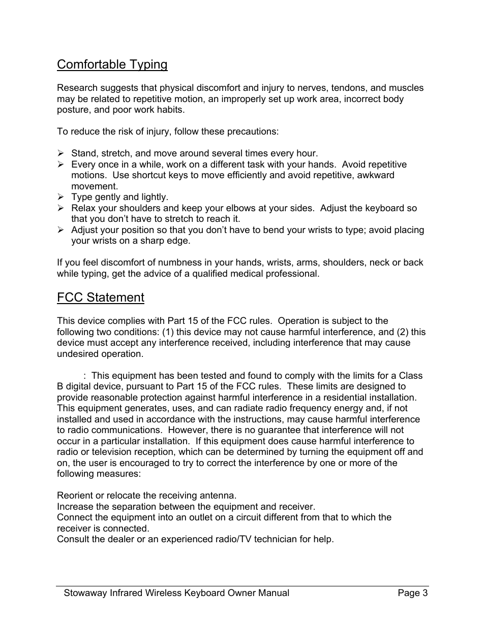 Comfortable typing, Fcc statement | Think Outside Stowaway 101797E User Manual | Page 3 / 18