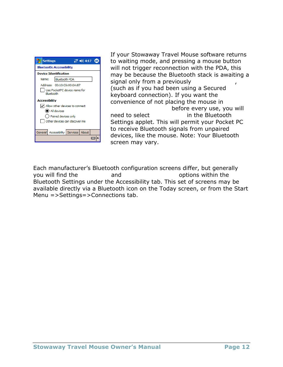 Reconnecting and bluetooth accessibility, For further | Think Outside Travel Mouse (for Asus MyPal A620BT) User Manual | Page 12 / 29