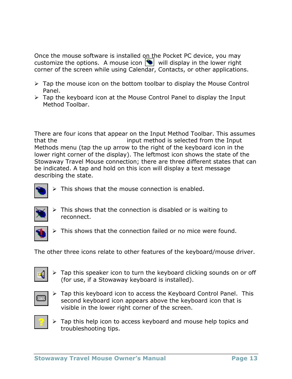 Customizing mouse functions, Input method toolbar | Think Outside Travel Mouse (for Asus MyPal A620BT) User Manual | Page 13 / 29