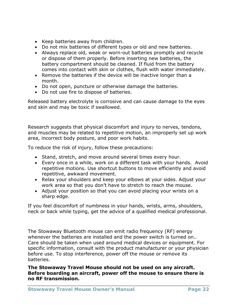 Important battery information, Comfortable mouse use, Important notes about bluetooth® devices | Important notes about bluetooth, Devices | Think Outside Travel Mouse (for Asus MyPal A620BT) User Manual | Page 22 / 29