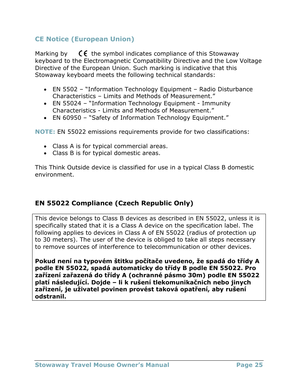 Ce notice (european union), En 55022 compliance (czech republic only) | Think Outside Travel Mouse (for Asus MyPal A620BT) User Manual | Page 25 / 29